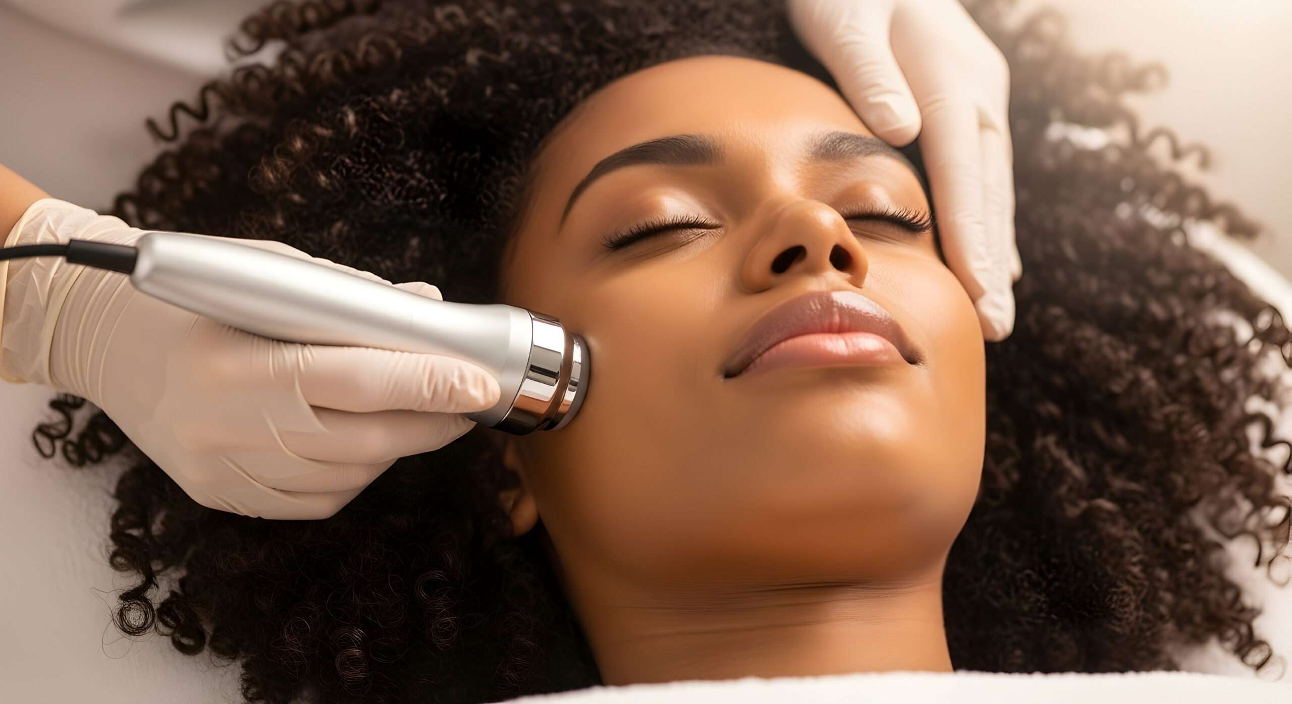 Home a serene woman receiving a rejuvenating facial treatment eyes cl