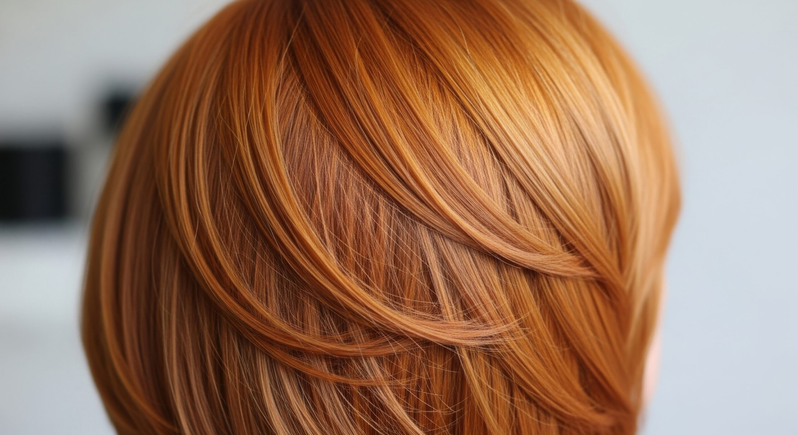 Home a striking rear view of a woman with beautiful hair dyed a vibrant ginger color