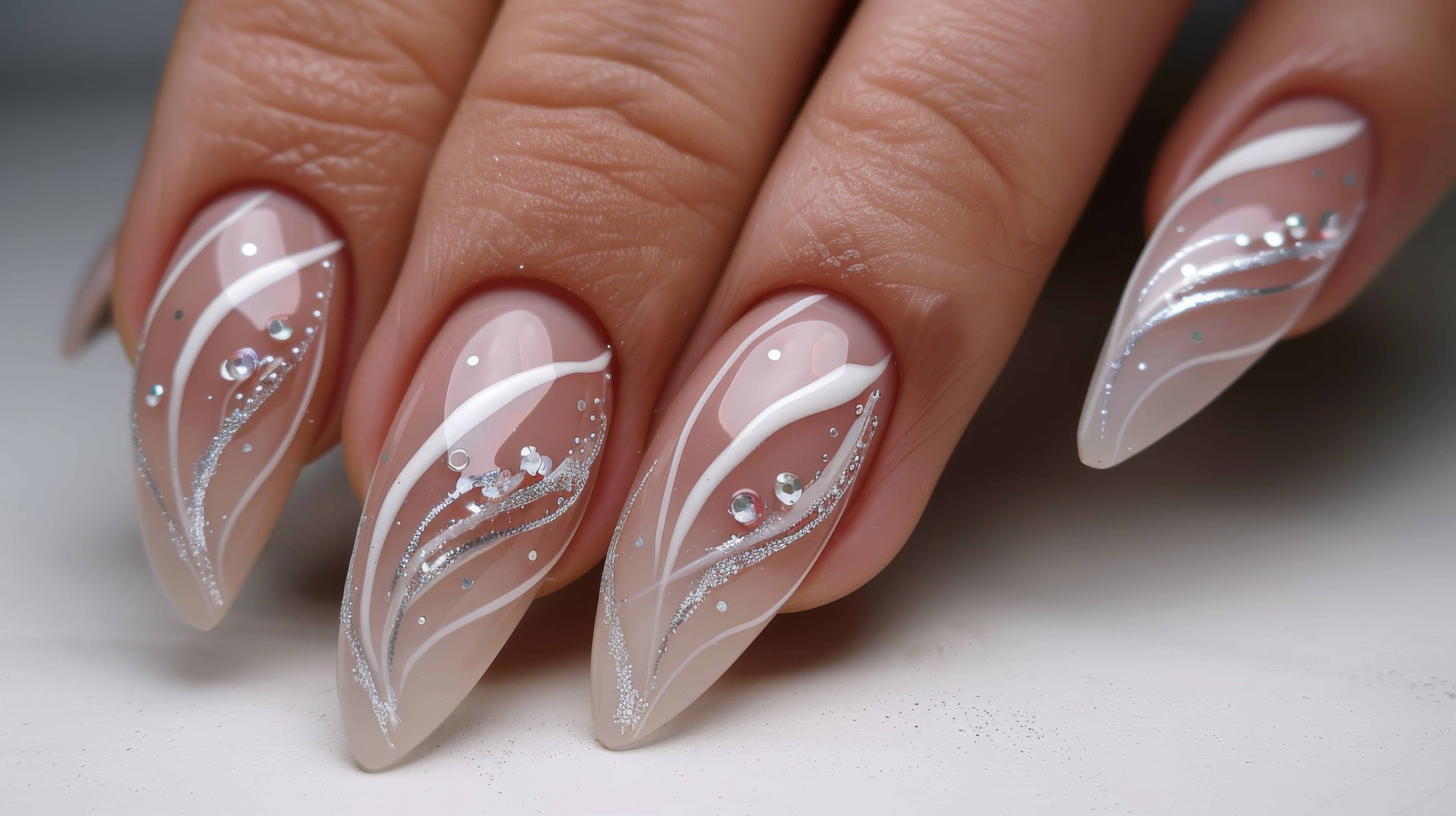 Home elegant french tip nail art with rhinestone accents on acrylic nails for fashion and beauty design