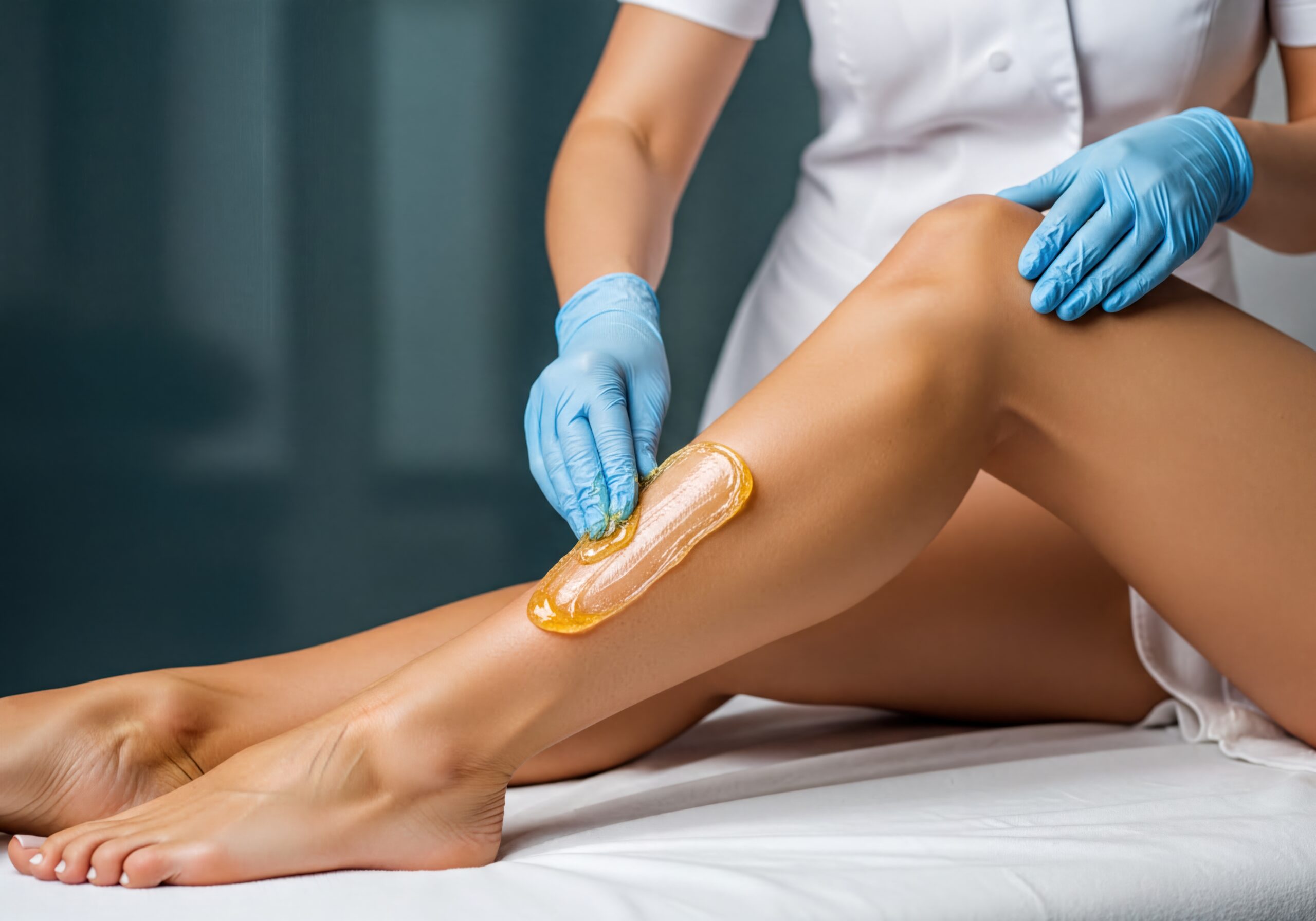 Home professional sugaring hair removal procedures on young woman's leg in salon
