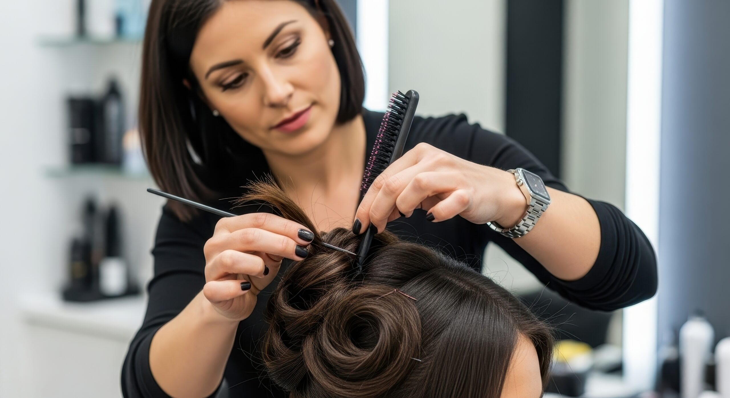 Home skilled brunette hairstylist meticulously styling an elaborate updo on a client head in a salon