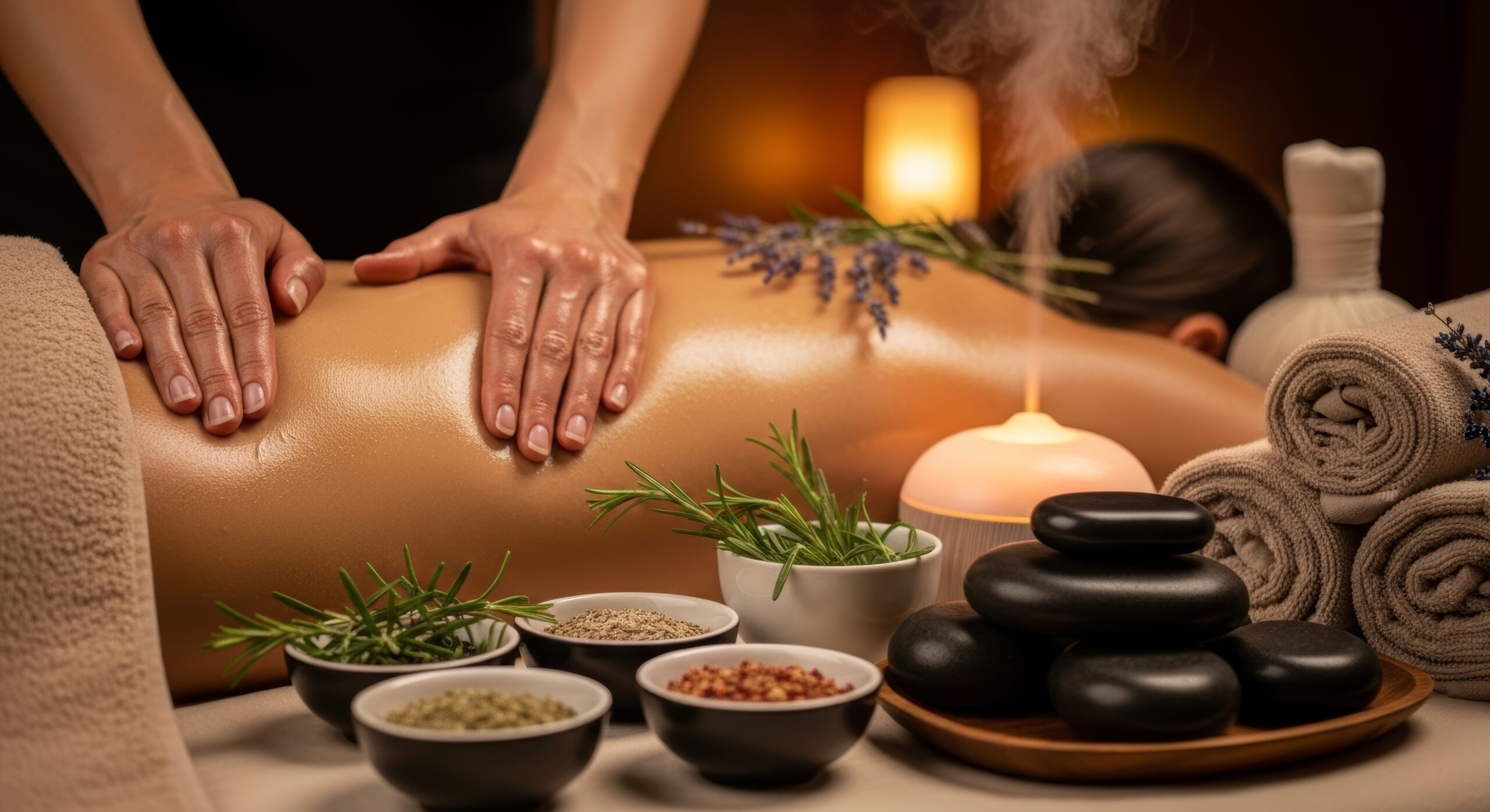 a relaxing spa massage scene with a person receiving a back massage, surrounded by hot stones, herbal bowls, towels, and aromatic oils in a tranquil setting.